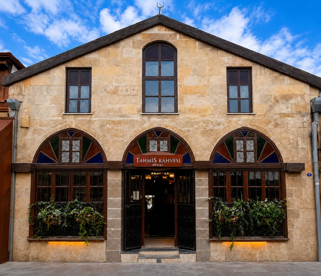 Tahmis Coffee House stone façade by daylight