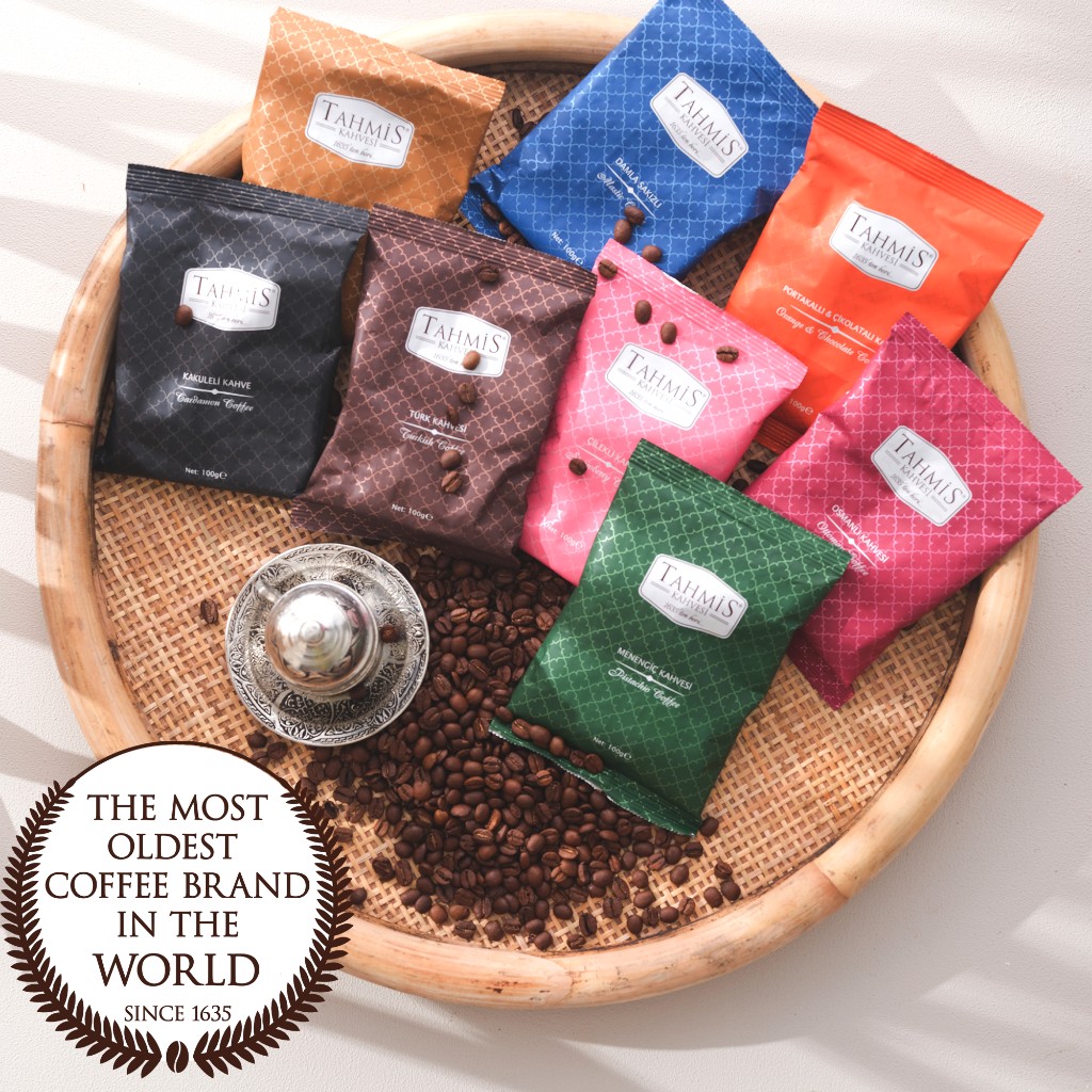 Tahmis Kahvesi product range on a wicker tray with traditional coffee cup