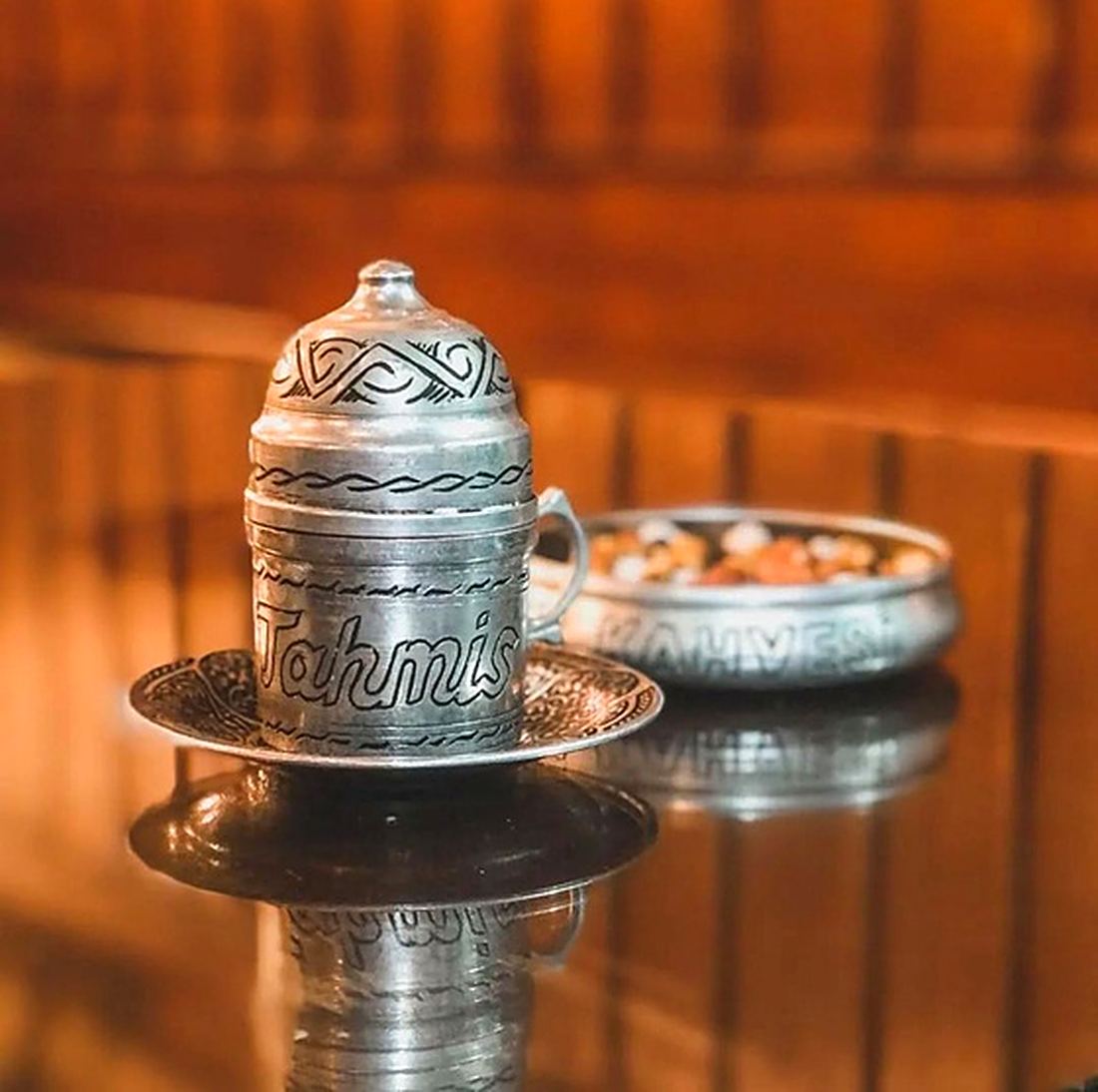 Traditional silver cezve and coffee cup engraved with the Tahmis name